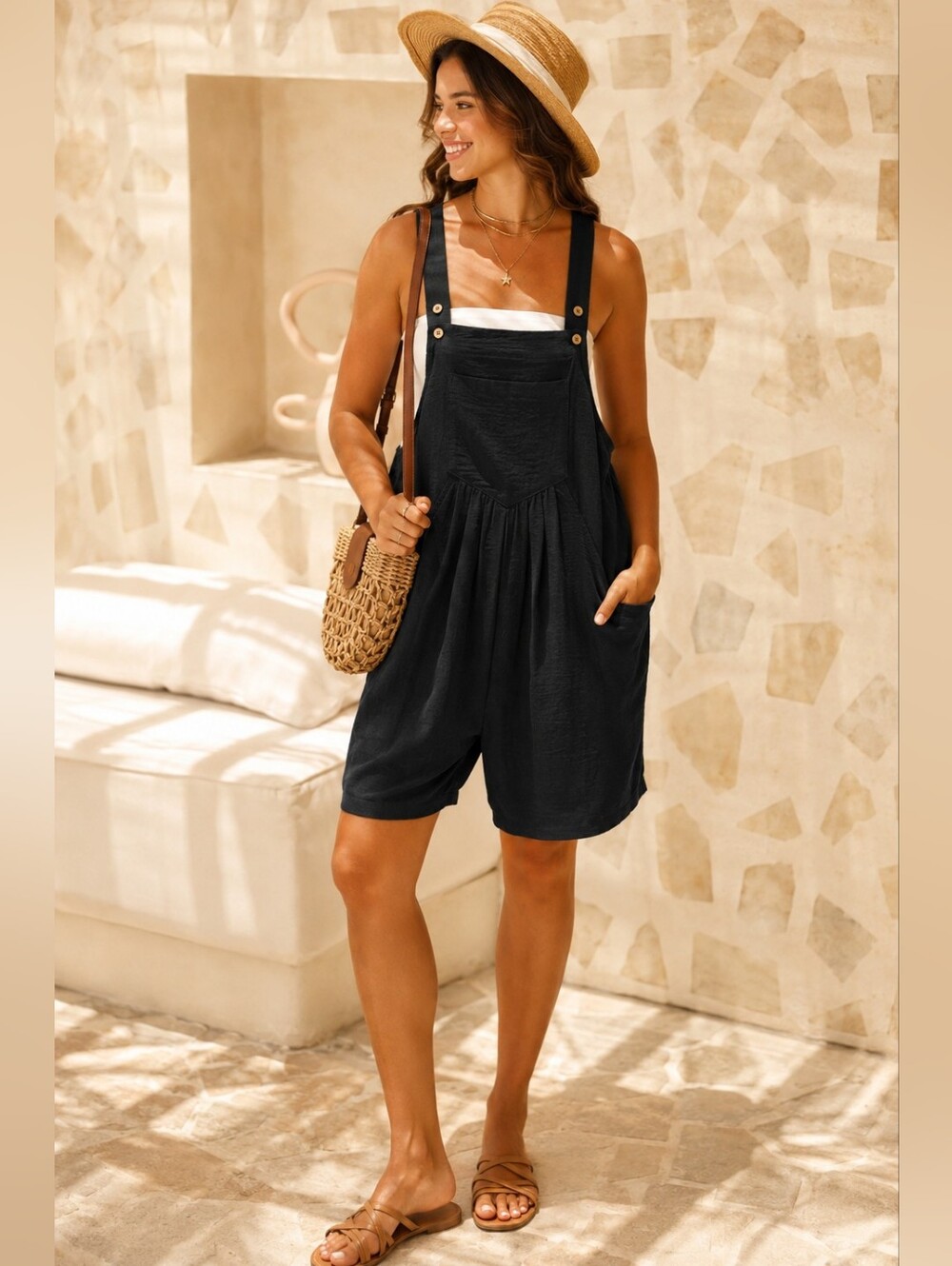 Black Linen Blend Overall Romper Size Small NWT Cruise, poolparty,vacation.